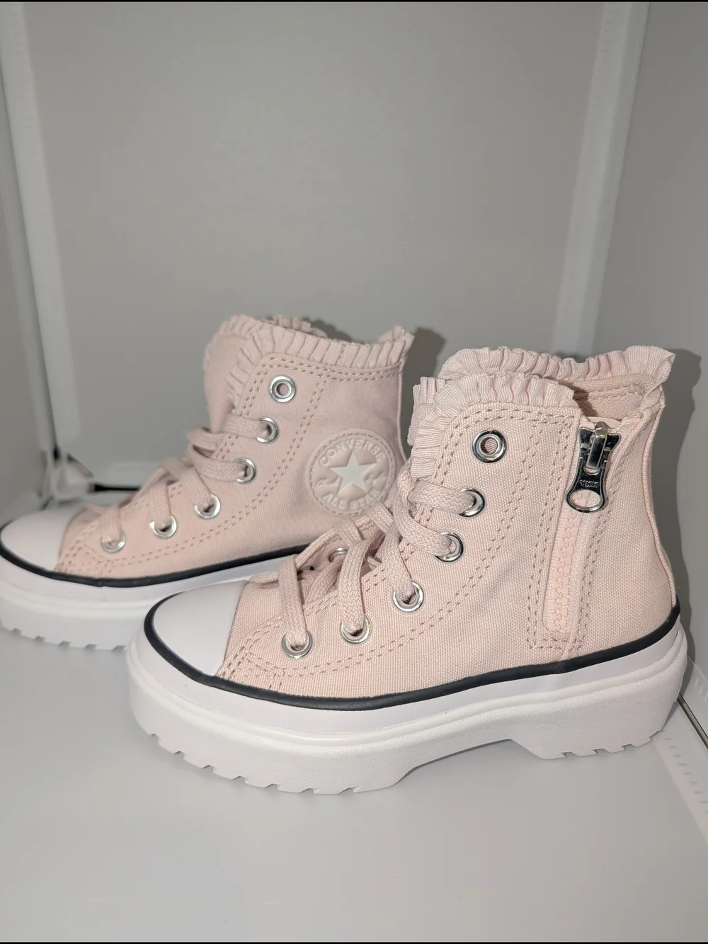 Light Pink Ruffle-Trim High‎ Top Sneakers